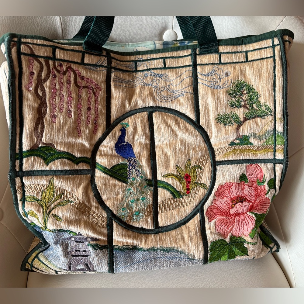 Tapestry Peacock Oriental Rich Quality Canvas Tote Bag Reversible Design
